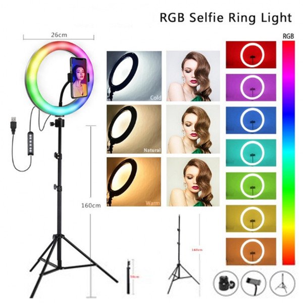 Wholesale RGB Light 10 inch Selfie Ring Light with 76 inch Tripod Stand & 3 Cell Phone Holders for Live Stream, Makeup, YouTube Video, Photography TikTok, & More Compatible with Universal Phone (RGB)